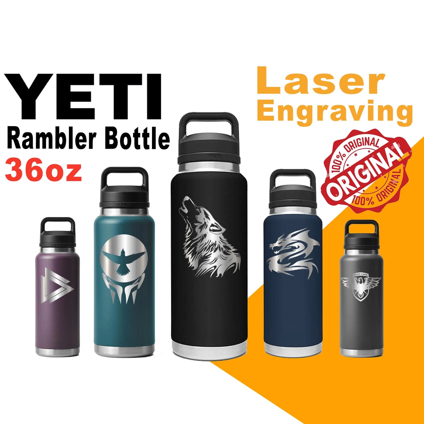 36oz YETI Rambler Stainless Steel Water Bottle, Personalized Vacuum Insulated Bottle, Laser Engraved Water Bottle with Straw Cap, Drinkware