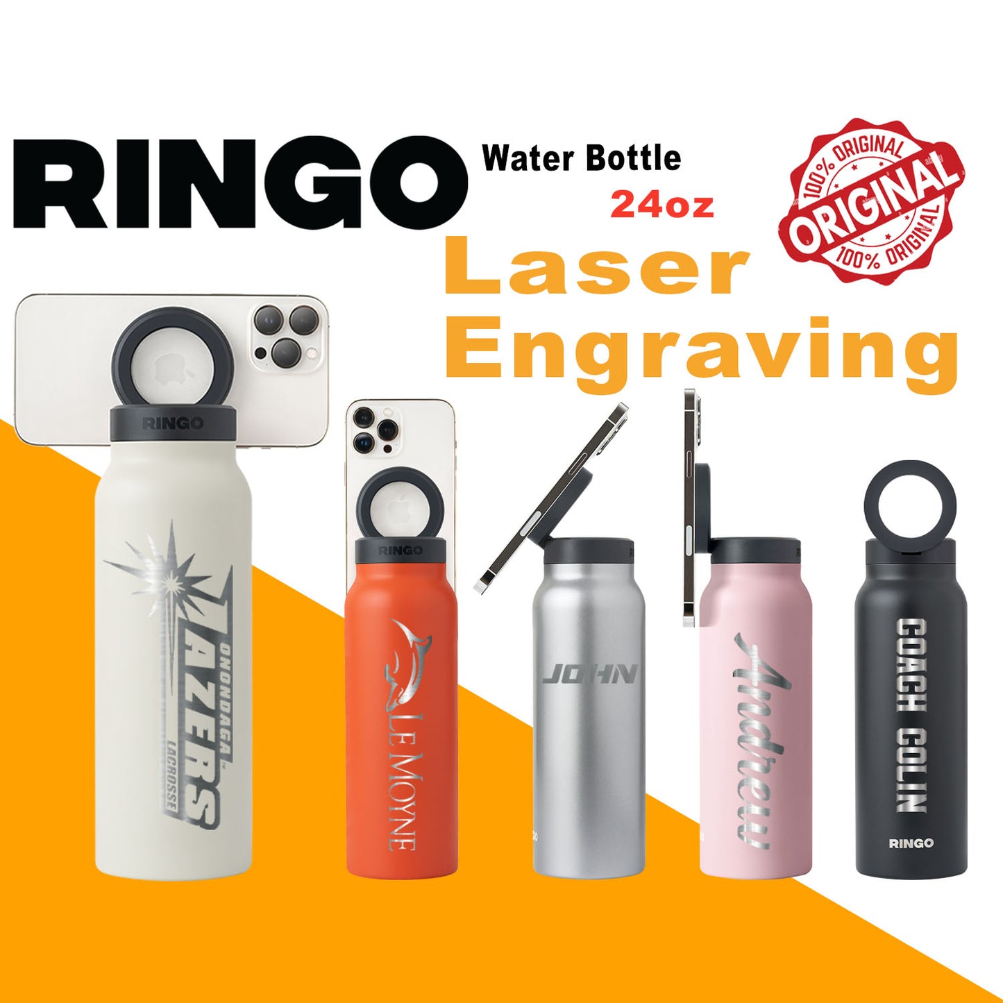 24oz Ringo Insulated Water Bottle, Personalized Stainless Steel Water Bottle with Magnetic Phone Tripod Mount, Laser Engrave Compatible MagSafe Water Bottle, Hot 12H, Cold 24H, 360° Rotate - Gift Idea for Men and Women