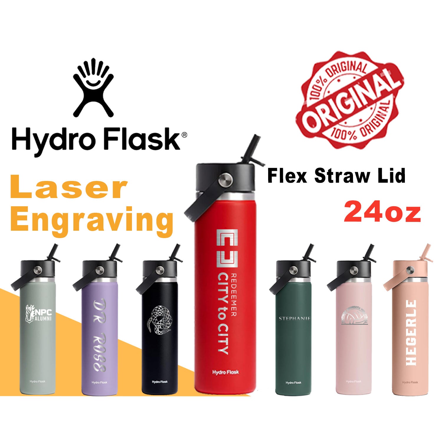 24oz Hydro Flask Flex Straw Lid Bottle, Personalized Stainless