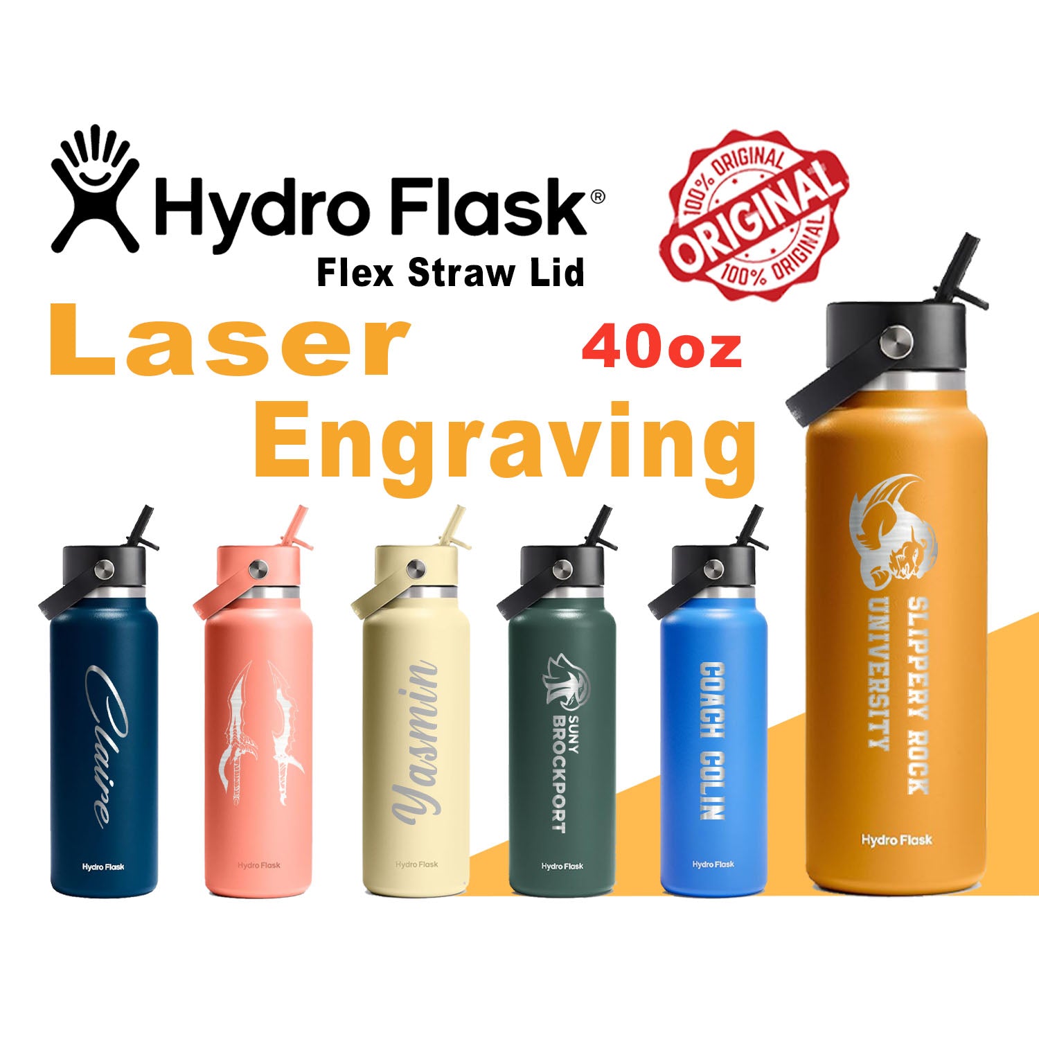 40oz Hydro Flask Flex Straw Lid Bottle, Personalized Stainless Steel W   Engraving Lounge