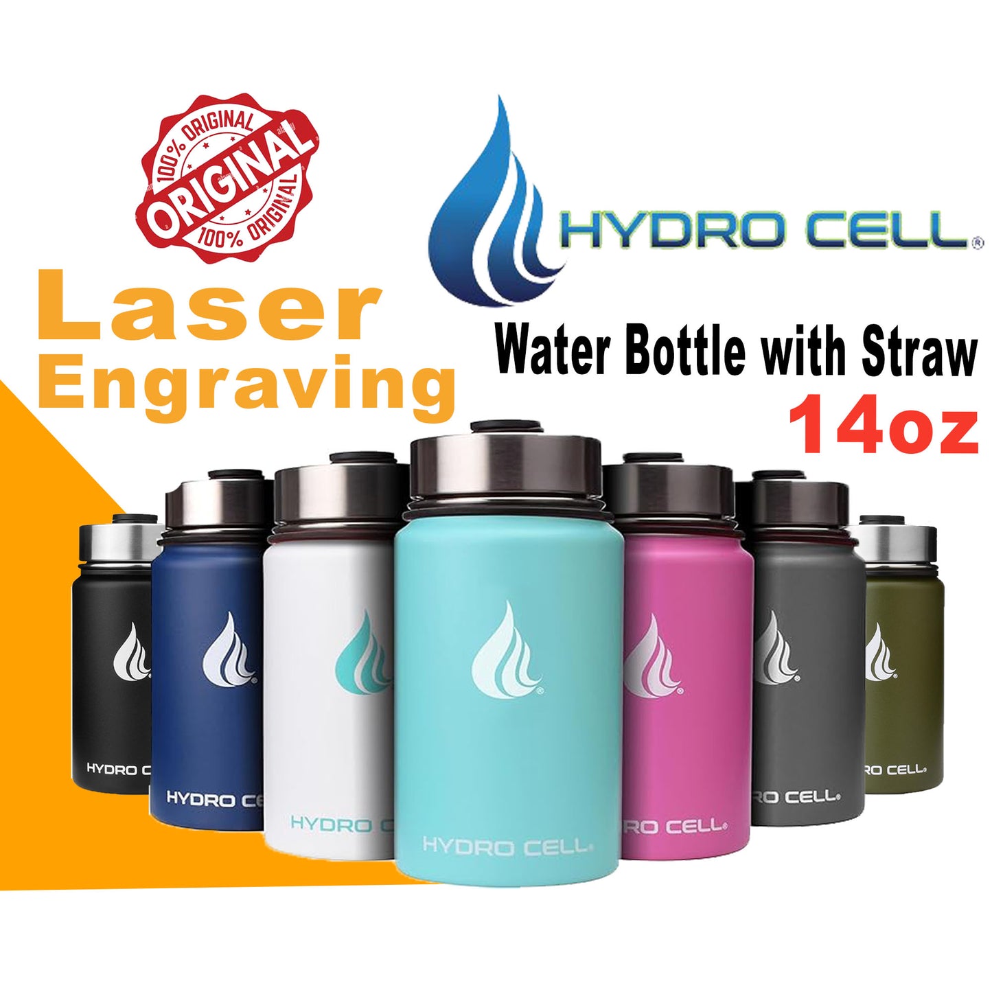 Personalized HYDRO CELL Stainless Steel Insulated Water Bottle with Straw - For Cold & Hot Drinks 14oz