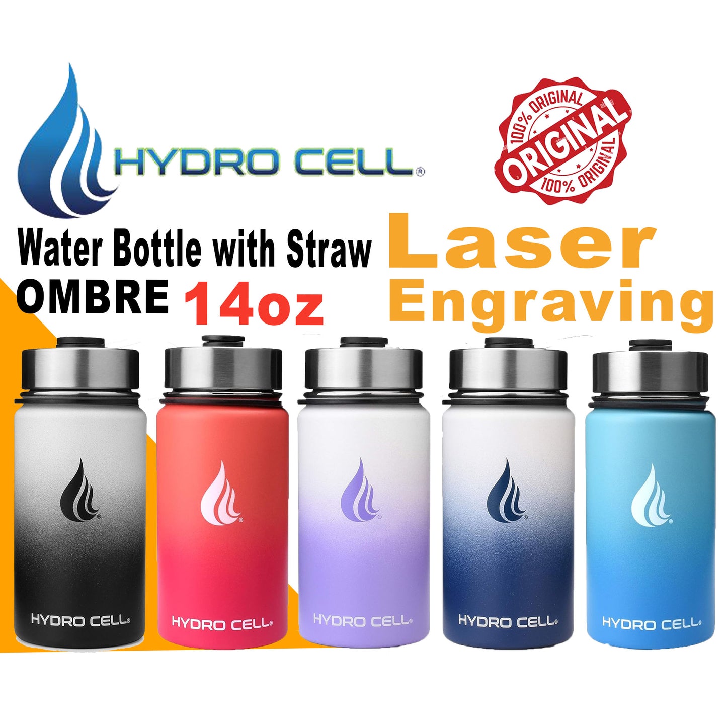 Personalized Ombre 14oz HYDRO CELL Stainless Steel Insulated Water Bottle with Straw - For Cold & Hot Drinks