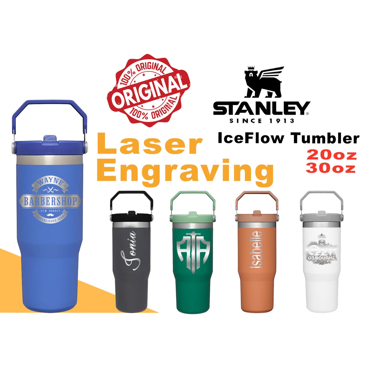 Stanley IceFlow Stainless Steel Tumbler, Personalized Stainless Steel Tumbler, Laser Engraved Tumbler, 20oz,30oz.