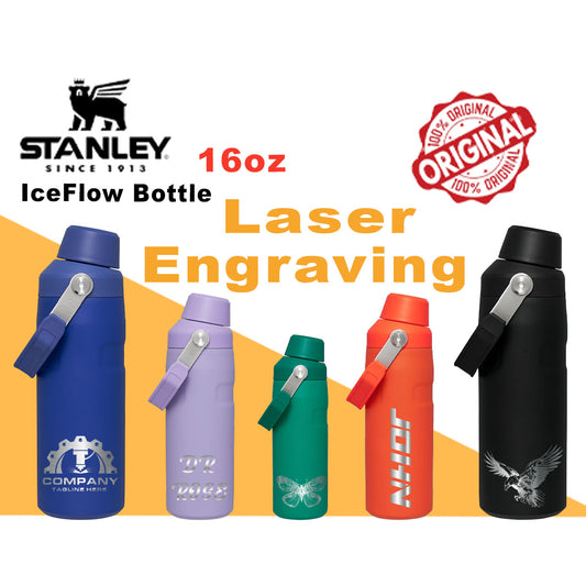 16oz Stanley Ice Flow Fast Flow Bottle, Personalized Stainless Steel  Water Bottle,Laser Engraved Bottle with Integrated cap holder and Lid,engraving lounge