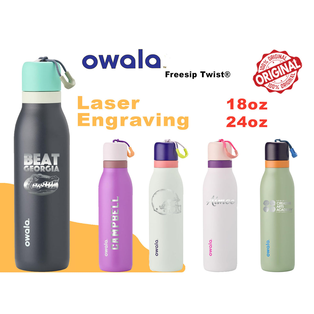 18oz, 24oz Owala FreeSip Twist Water Bottles | Laser Engraved Stainless Steel Water Bottle with Straw | Best For Travel, Sports and Gym.engraving lounge