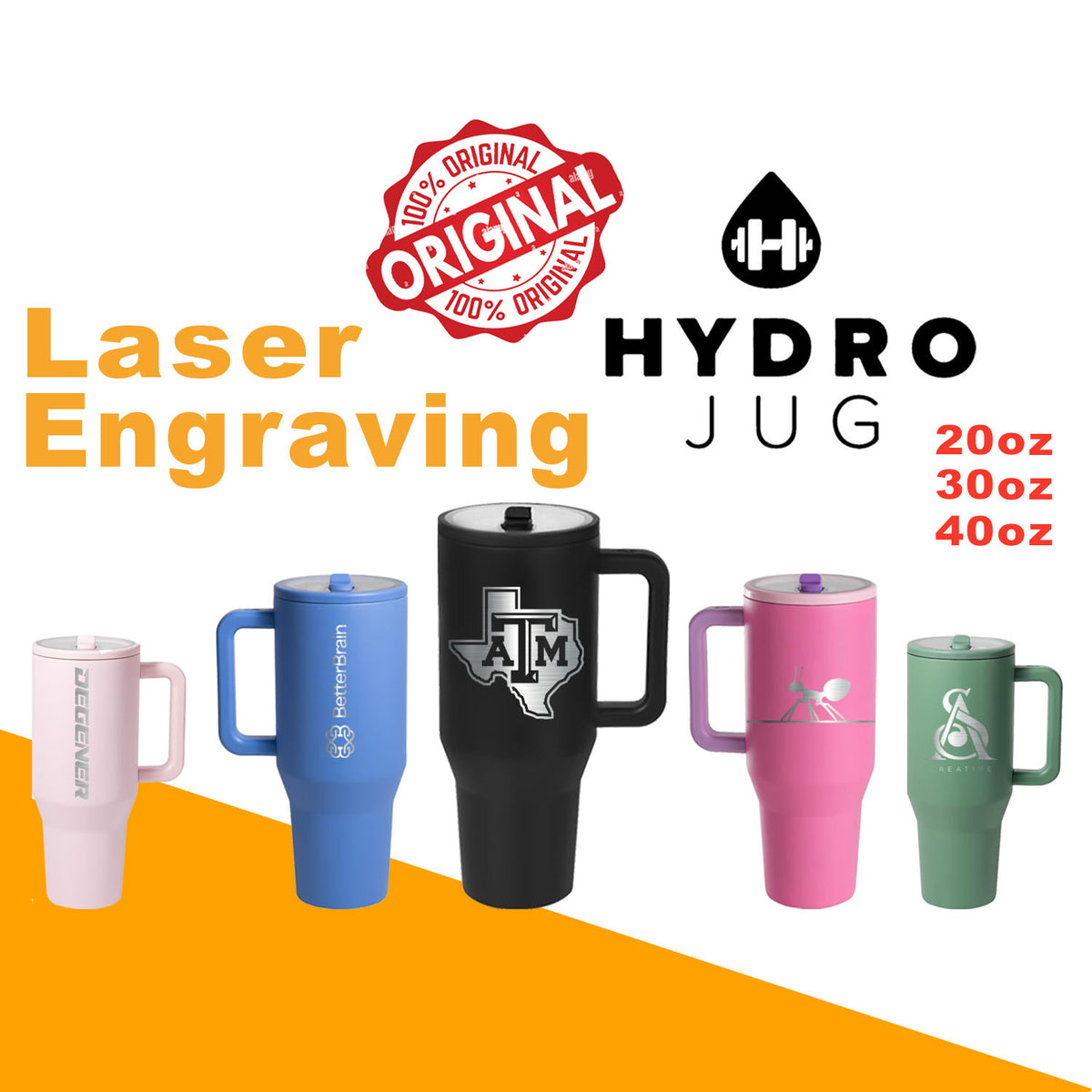 20oz, 30oz, 40oz HydroJug Traveler Tumbler, Personalized Stainless Steel Tumbler with Handle & Flip Straw, Laser Engrave Leak Resistant Tumbler With Rubber Base,engraving lounge
