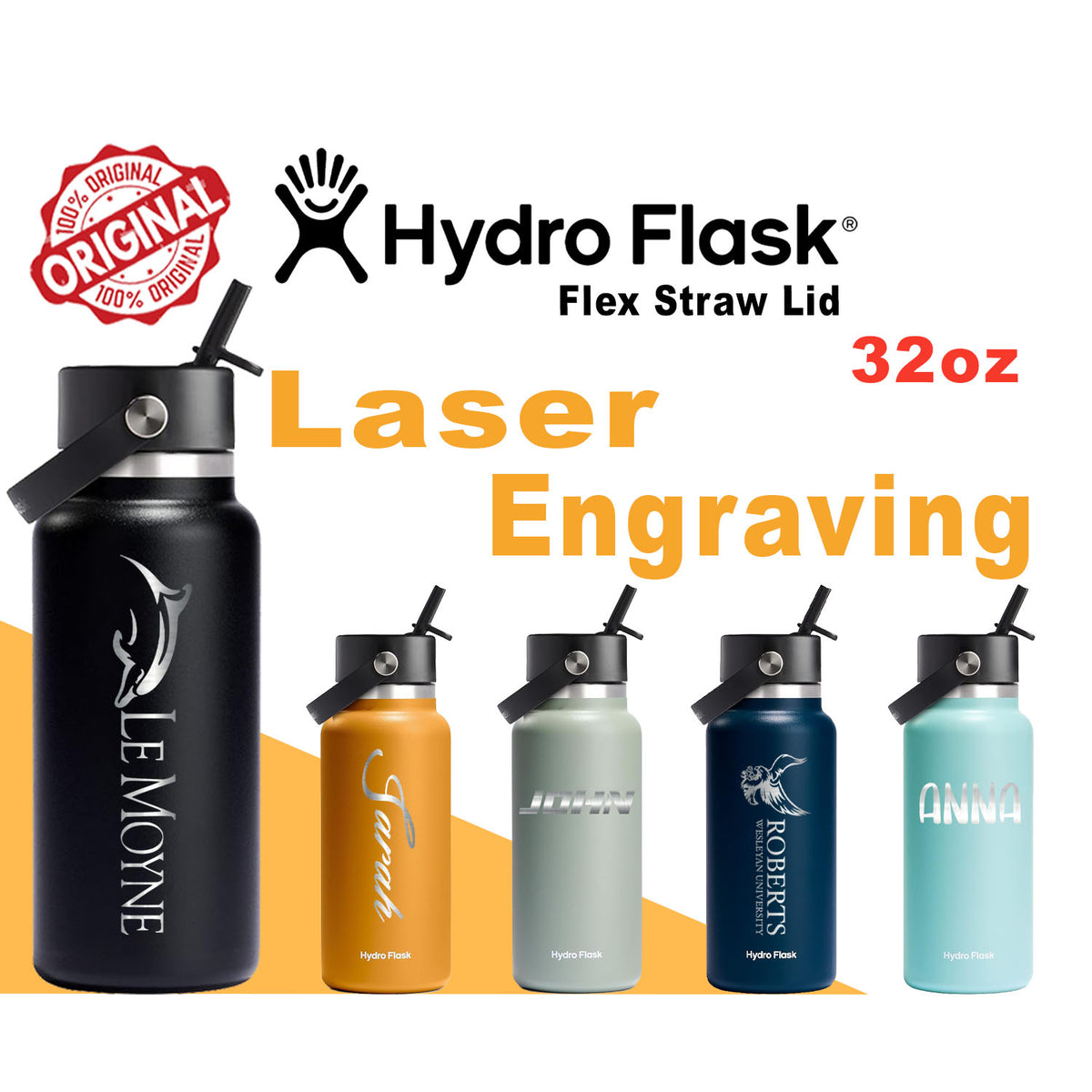 32oz Hydro Flask Flex Straw Lid Bottle, Personalized Stainless Steel Water Bottle, Laser Engrave Insulated Water Bottles engraving lounge