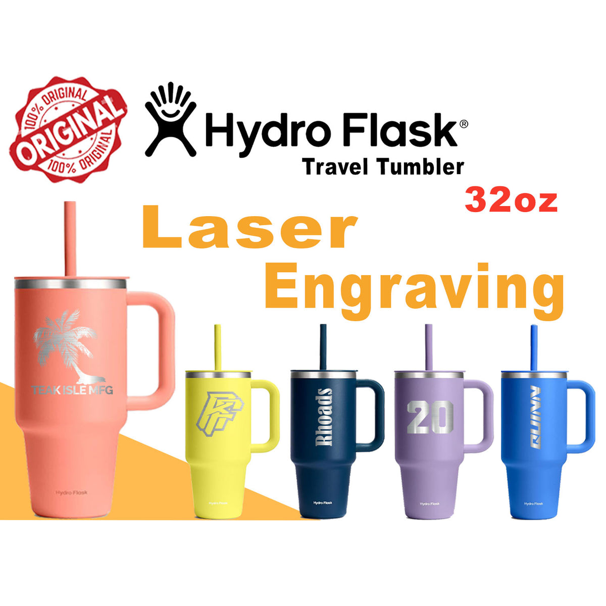 32oz Hydro Flask Travel Tumbler, Personalized Stainless Steel Insulated Cup with Lid and Straw, Laser Engraved Tumbler for Cold Water and Drinks for Sports, School, engraving lounge