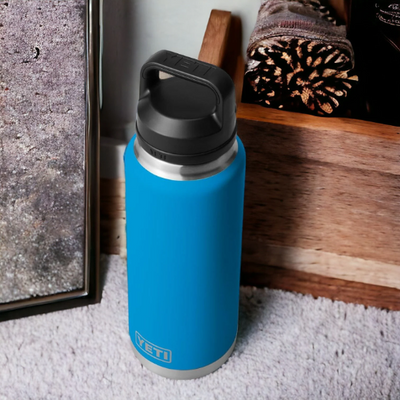 Personalized Big Wave Blue Color YETI Rambler Stainless Steel Bottle, Vacuum Insulated Custom Bottle,Laser Engraved Bottle in Different Size