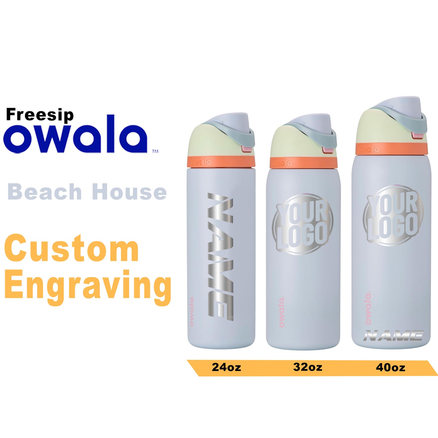 Owala Beach House Color Insulated Water Bottles, Personalized Stainless Steel Water Bottle, Laser Engraved Custom Water Bottle with Straw.