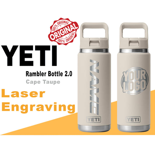 YETI Cape Taupe Rambler Bottle 2.0: Laser Engraved Bottle, Personalized Bottle with the same color Lid, Yeti Rambler Name & Logo Bottle