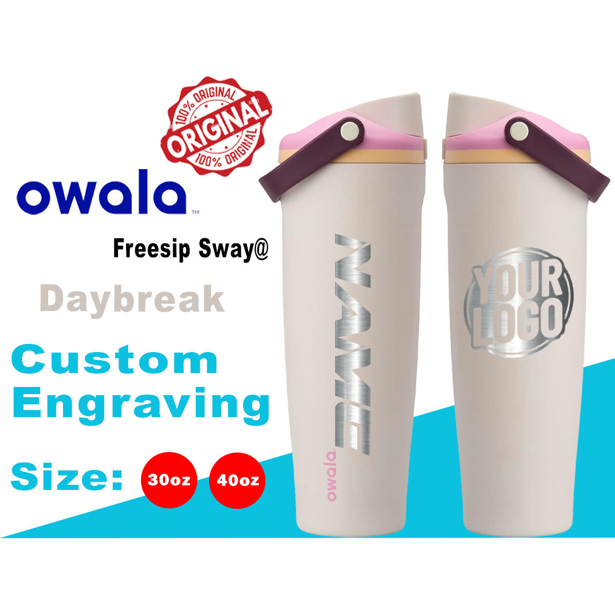 30oz/40oz Owala Daybreak Color Freesip Sway Water Bottles, Laser Engraved Owala, Owala Name Bottle, Owala Logo Bottle, Zengraved Store