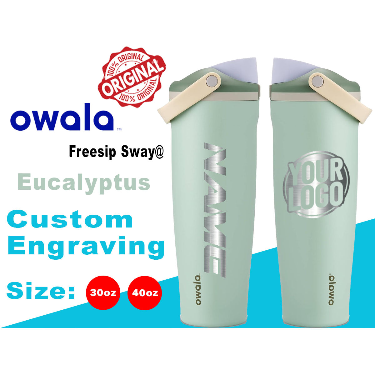 Owala Eucalyptus Color Freesip Sway Water Bottles, Laser Engraved Owala, Owala Name Bottle, Owala Logo Bottle, Zengraved Store