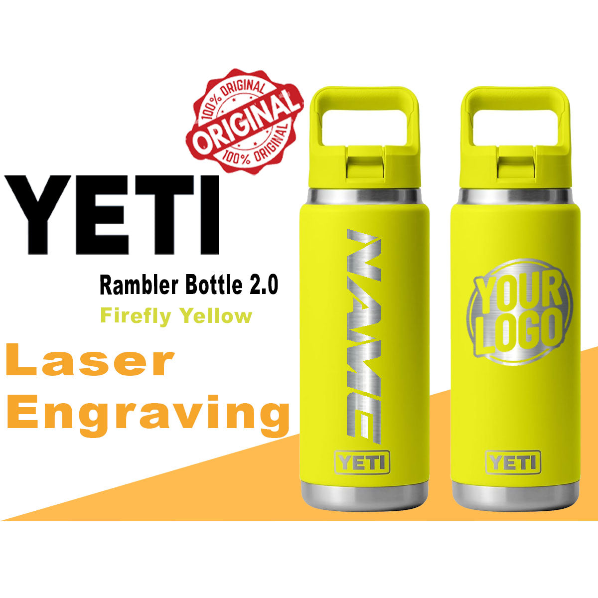 YETI Firefly Yellow Rambler Bottle 2.0: Laser Engraved, Personalized Stainless Steel Bottle, Birthday Gift, Hallowe'en Gift, Custom Gift
