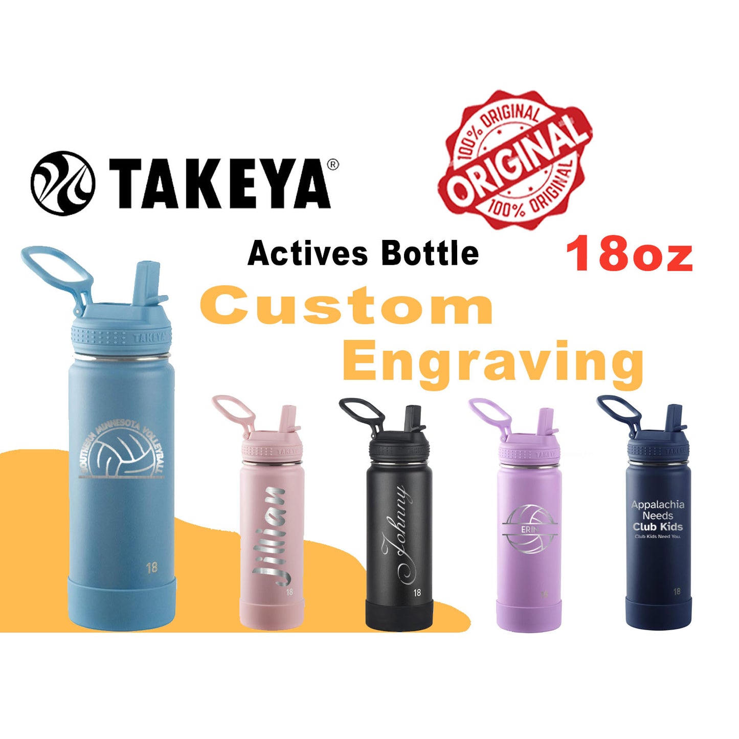 Personalized Takeya 18oz Activate Bottle: Laser Engraved Stainless Steel Water Bottle With Straw Lid, Custom Name Bottle, Custom Logo Bottle