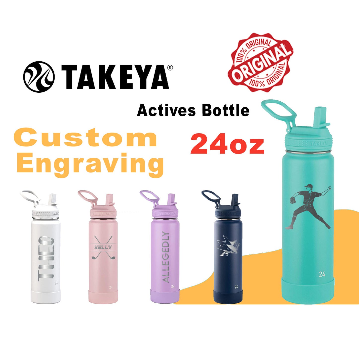 Personalized Takeya 24oz Activate Bottle: Laser Engraved Stainless Steel Water Bottle with Straw Lid, Custom Name Bottle, Custom Logo Bottle