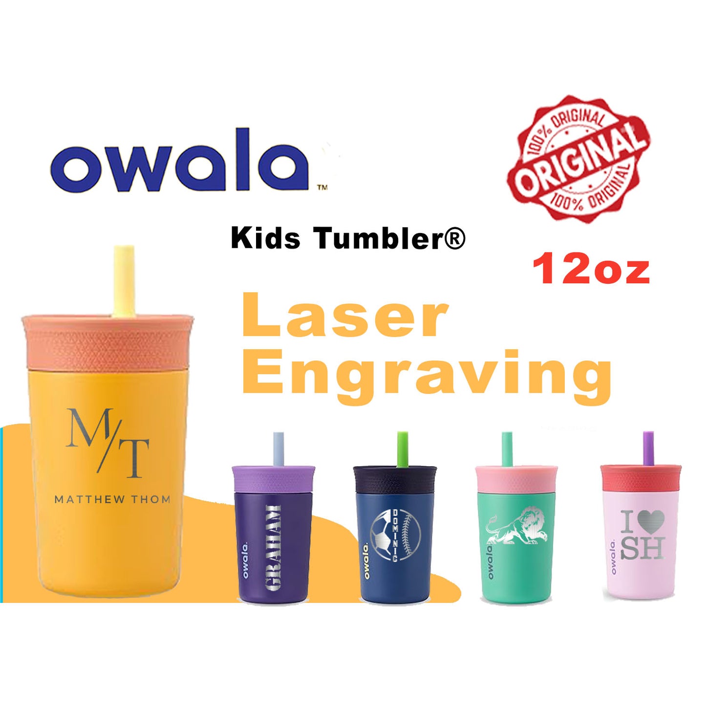 Personalized Owala 12oz Kids Tumbler, Laser Engraved Tumbler for child, Best Gift for child, School Bottle, Custom Owala Name tumbler