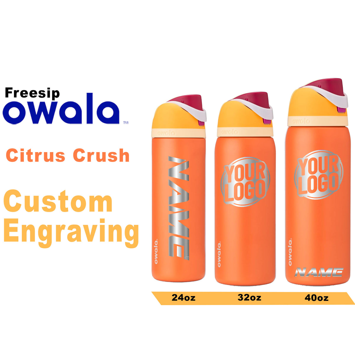 Owala Citrus Crush Color Freesip Water Bottles, Personalized Stainless Steel Bottle, Laser Engraved Custom Bottle, Thanksgiving ,engraving lounge