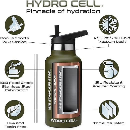 Personalized HYDRO CELL Stainless Steel Water Bottle, Laser Engraved Bottle with Straw & Standard Mouth Lids, 16oz, 20oz, 24oz, 32oz