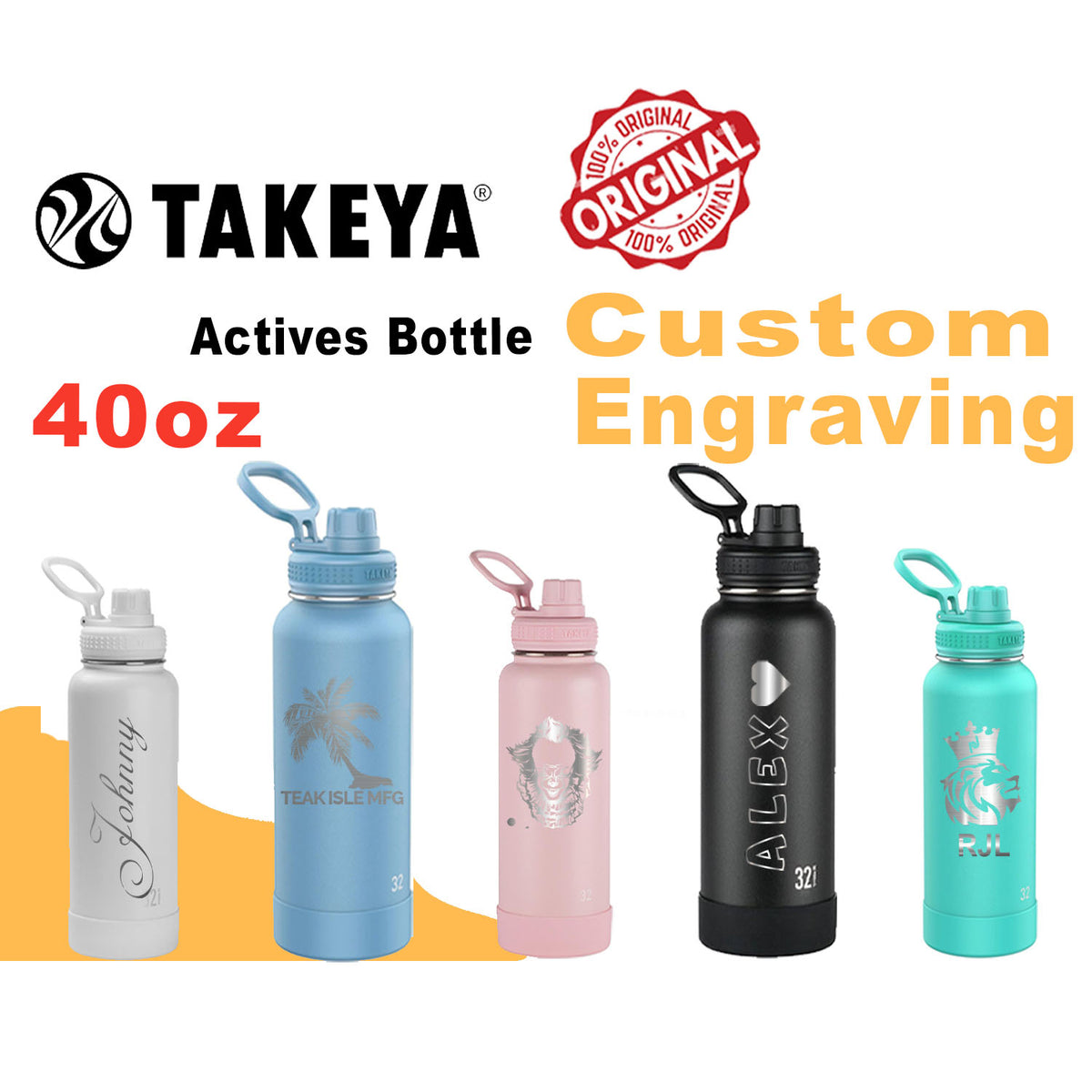 Personalized Takeya 40oz Activate Bottle: Laser Engraved Stainless Steel Water Bottle, Custom Name Bottle, Custom Logo Bottle, Bulk Bottle engraving lounge