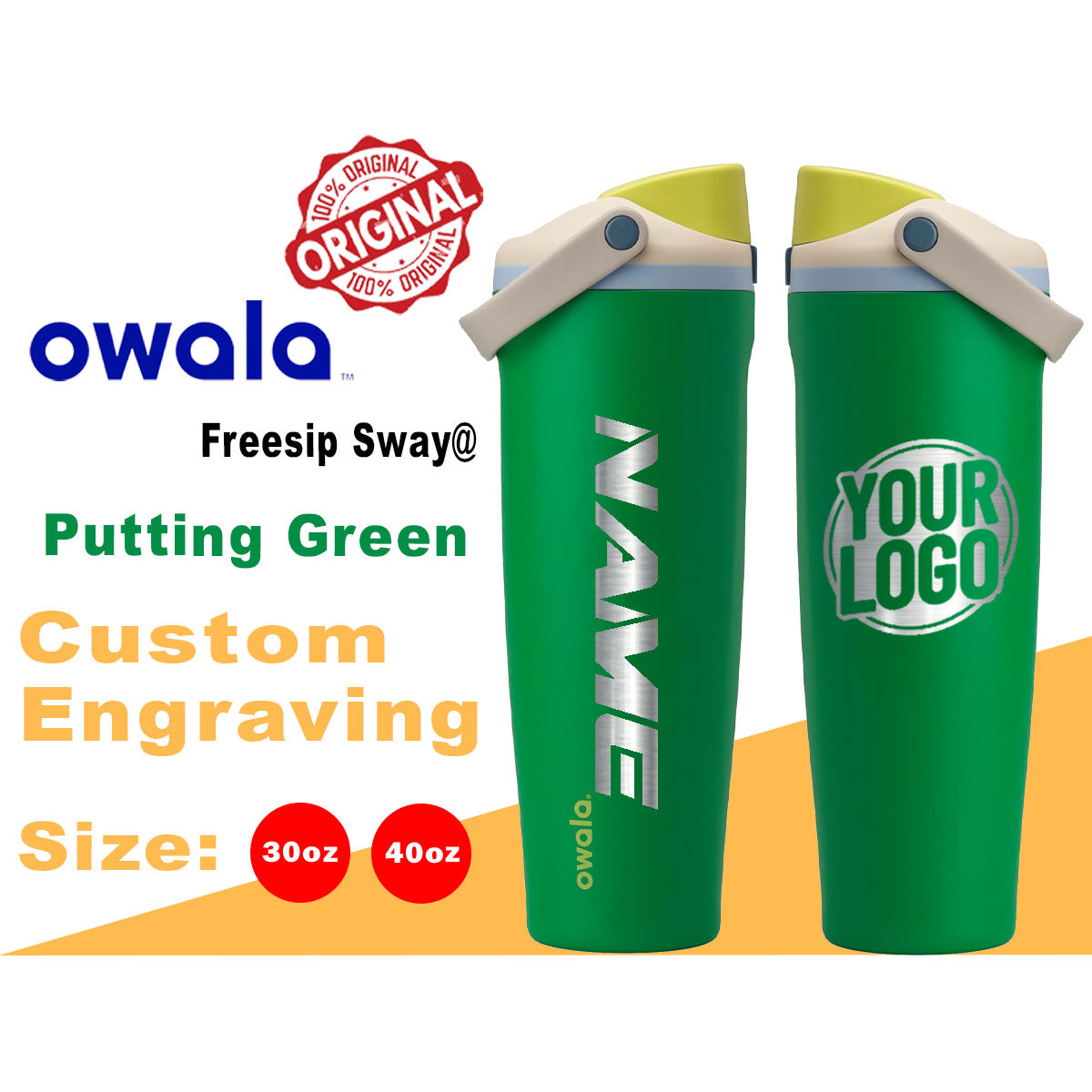 30oz, 40oz Owala Putting Green Color Freesip Sway Water Bottle. Laser Engraved Owala Bottle with Handle, Customized Bottle with Name & Logo
