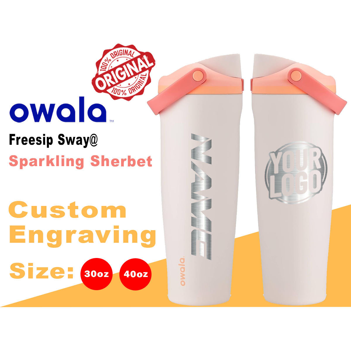 30oz/40oz Owala Sparkling Sherbet Color Freesip Sway Water Bottle. Laser Engraved Owala Bottle with Handle, Customized Bottle with your Name