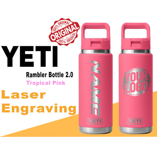 YETI Tropical Pink Rambler Bottle 2.0: Laser Engraved Bottle, Personalized Bottle with the same color Lid, Text Bottle, Gift for boyfriend