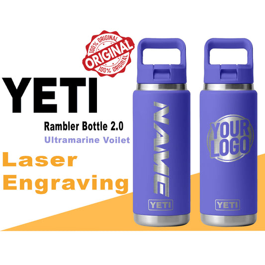 YETI Ultramarine Violet Rambler Bottle 2.0: Laser Engraved, Personalized Stainless Steel Bottle, Custom logo Bottle, Gift for Him