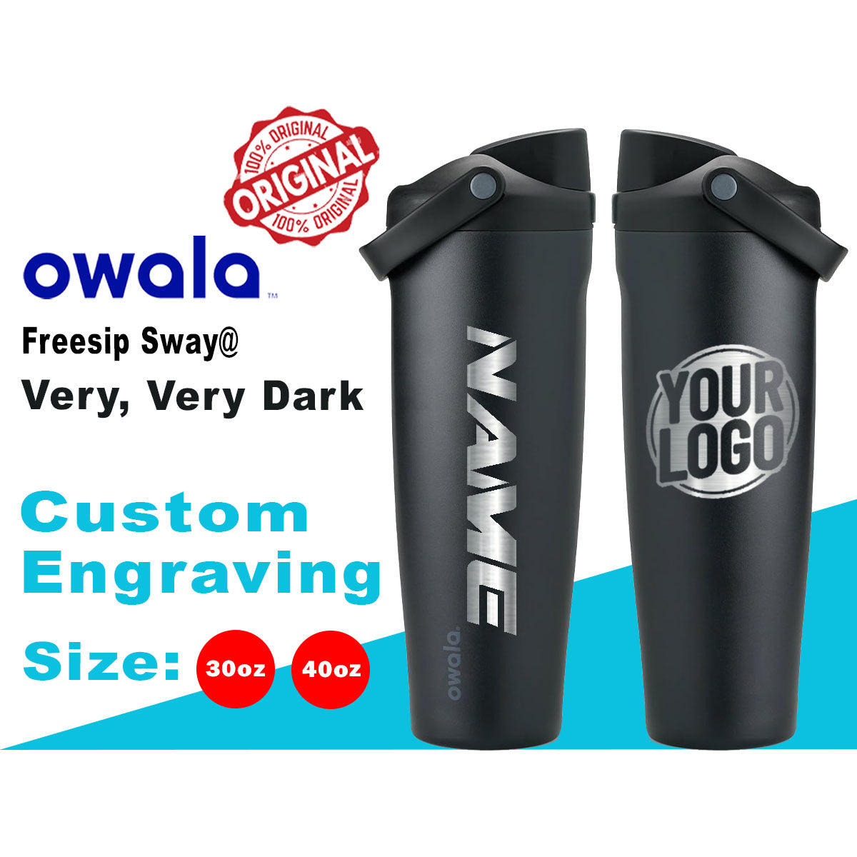 30oz, 40oz Owala Very Very Dark Color Freesip Sway Water Bottle. Laser Engraved Owala Bottle with Handle, Customized Bottle with Name & Logo