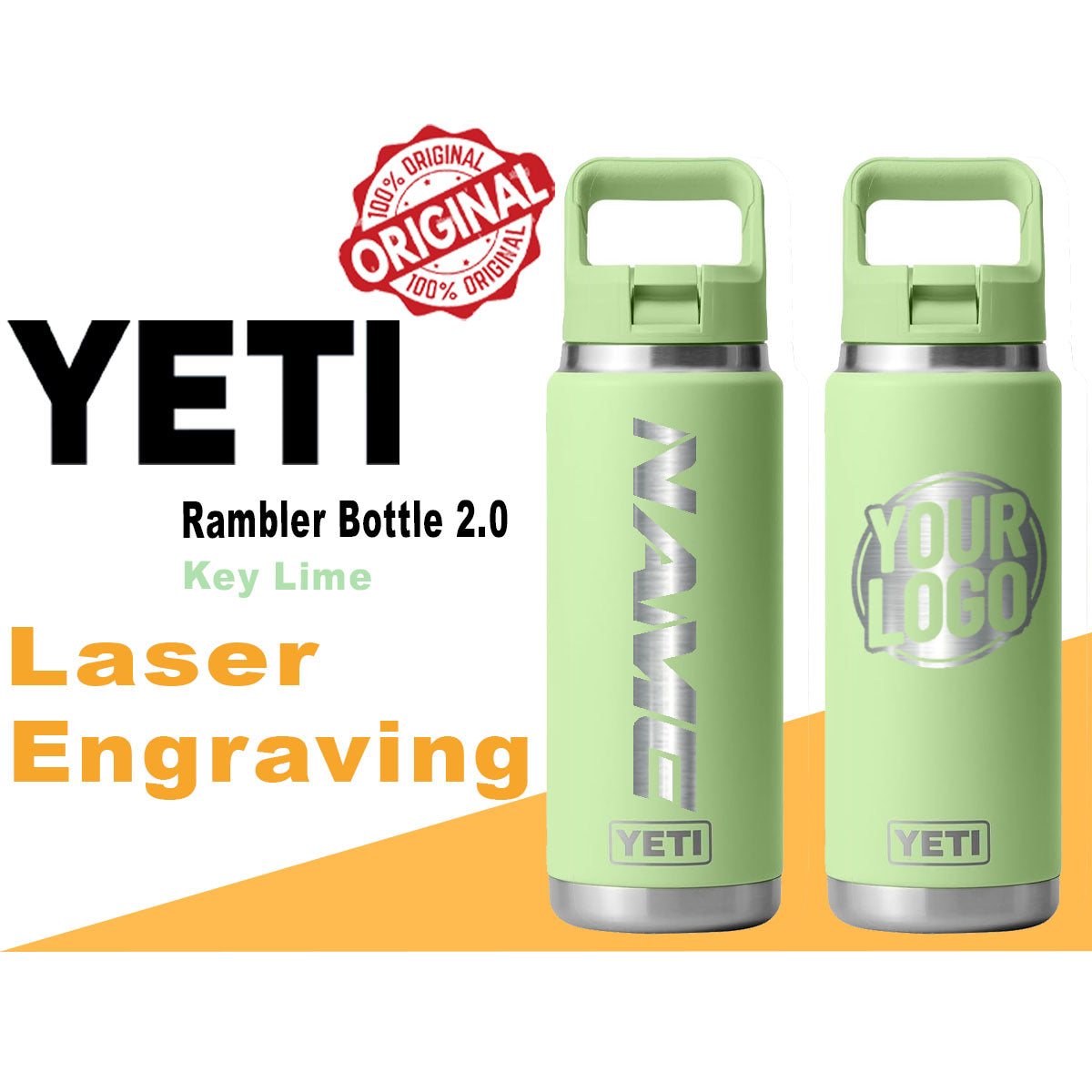 YETI Key Lime Rambler Bottle 2.0, Laser Engrave, Personalized Stainless Steel Bottle, Keep water Hot and Cold for long Time, Branded Bottle engraving lounge