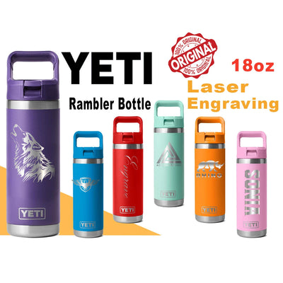 YETI Rambler 18oz Stainless Steel Water Bottle, Personalized Vacuum Insulated Bottle, Laser Engraved Water Bottle with Straw Cap, Drinkware