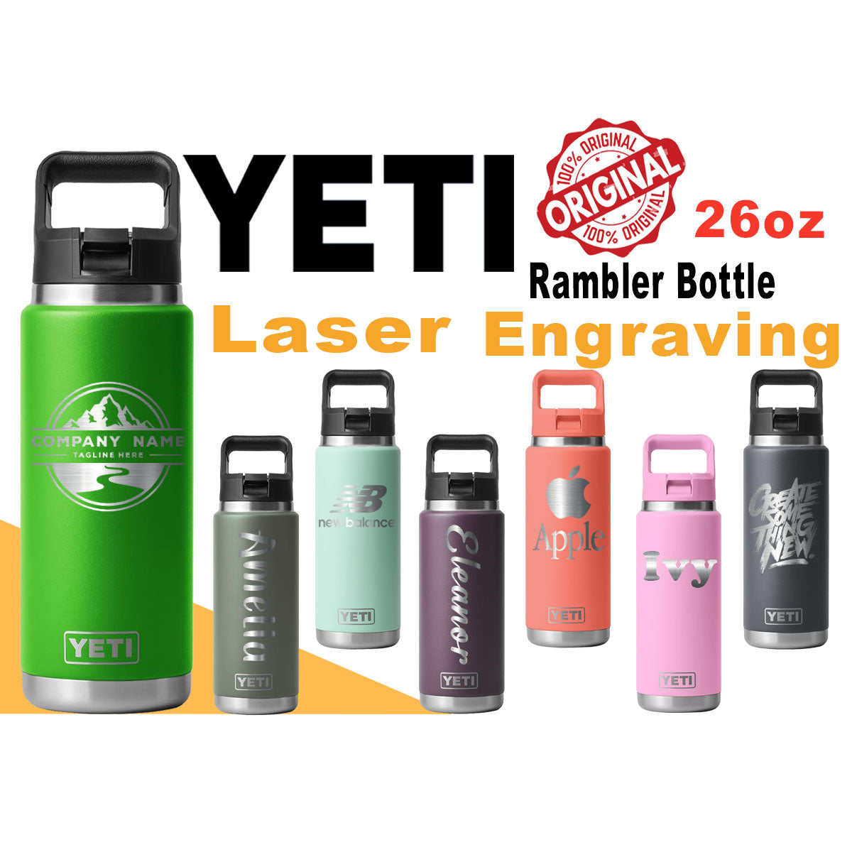 YETI Rambler 26oz 2.0 Stainless Steel Water Bottle, Personalized Vacuum Insulated Bottle, Laser Engraved Water Bottle with Straw Cap, Drinkware engraving lounge