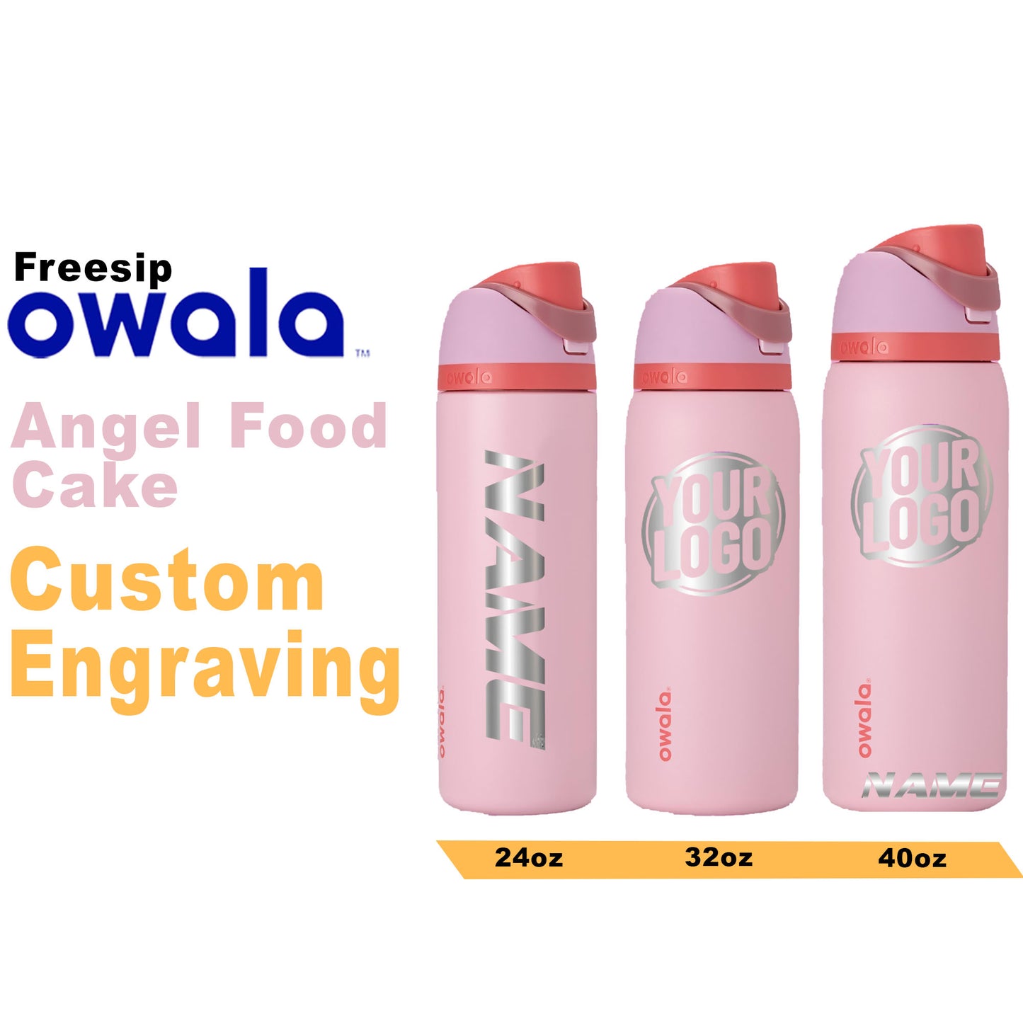 Owala Angel Food Cake Insulated Water Bottles, Personalized Stainless Steel Water Bottle, Laser Engraved Custom Water Bottle with Straw.